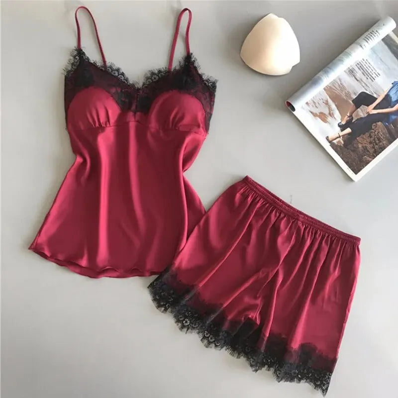 V-Neck Stretch Satin Baby doll Lace Shorts Set
