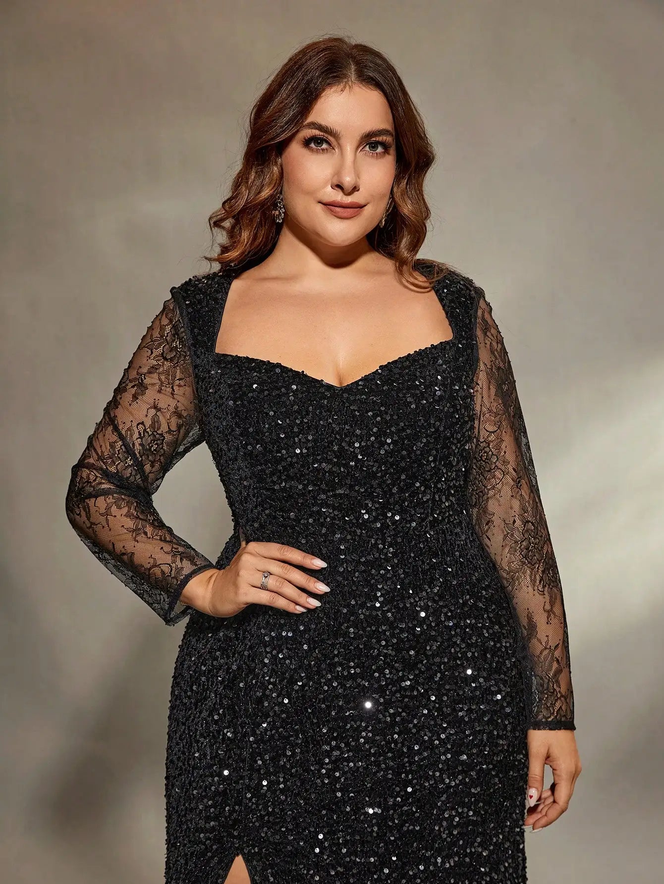 Plus size  Queen neckline slim sequin slit fishtail Dress