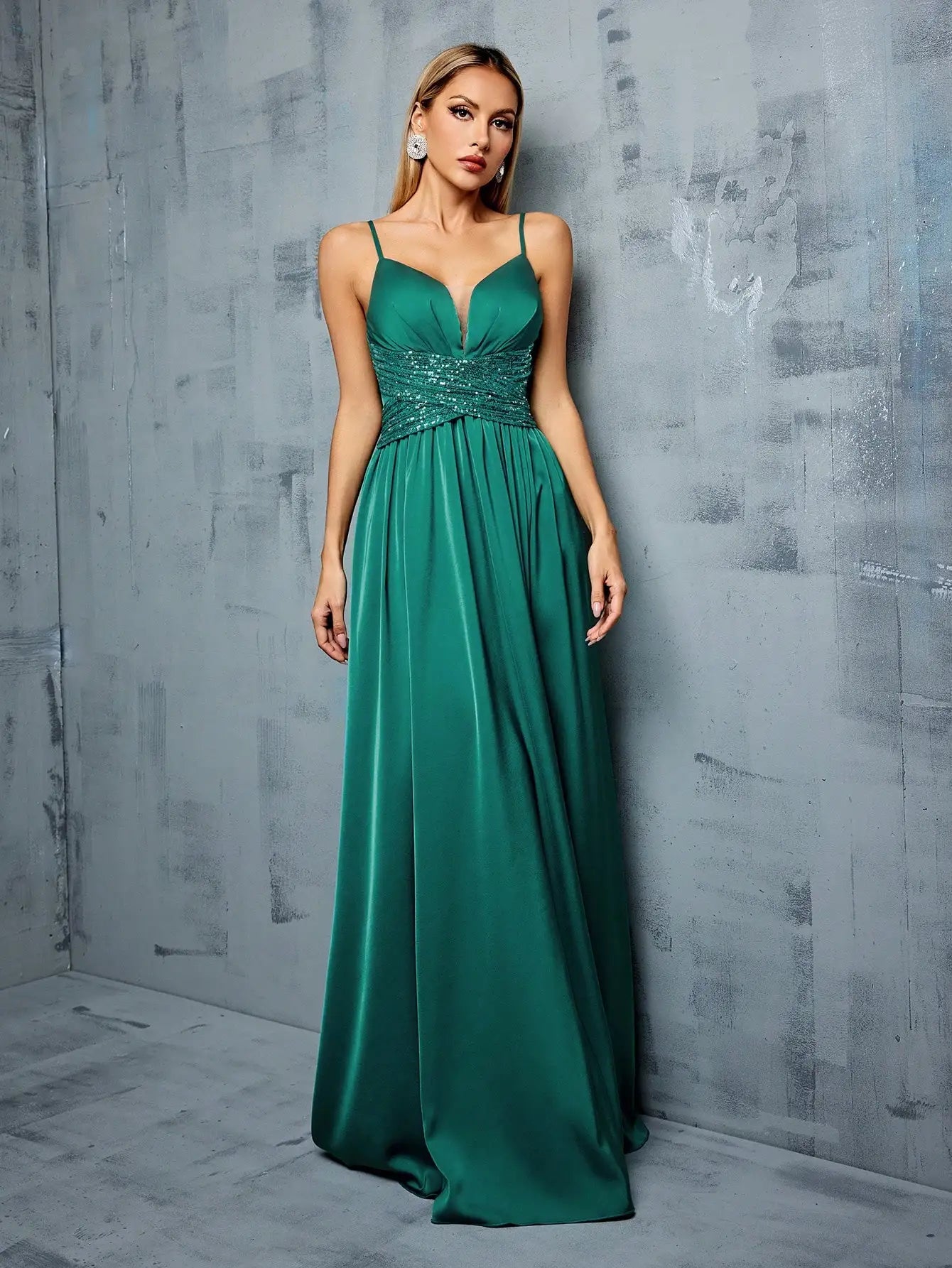 Thin straps Deep V-neck bust pleats cross sequins Evening gown