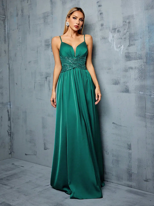 Thin straps Deep V-neck bust pleats cross sequins Evening gown
