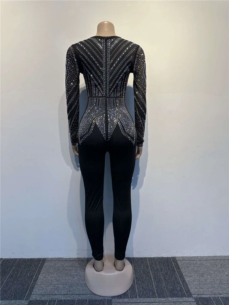 Sparkle Black Rhinestone Long Pants Jumpsuits