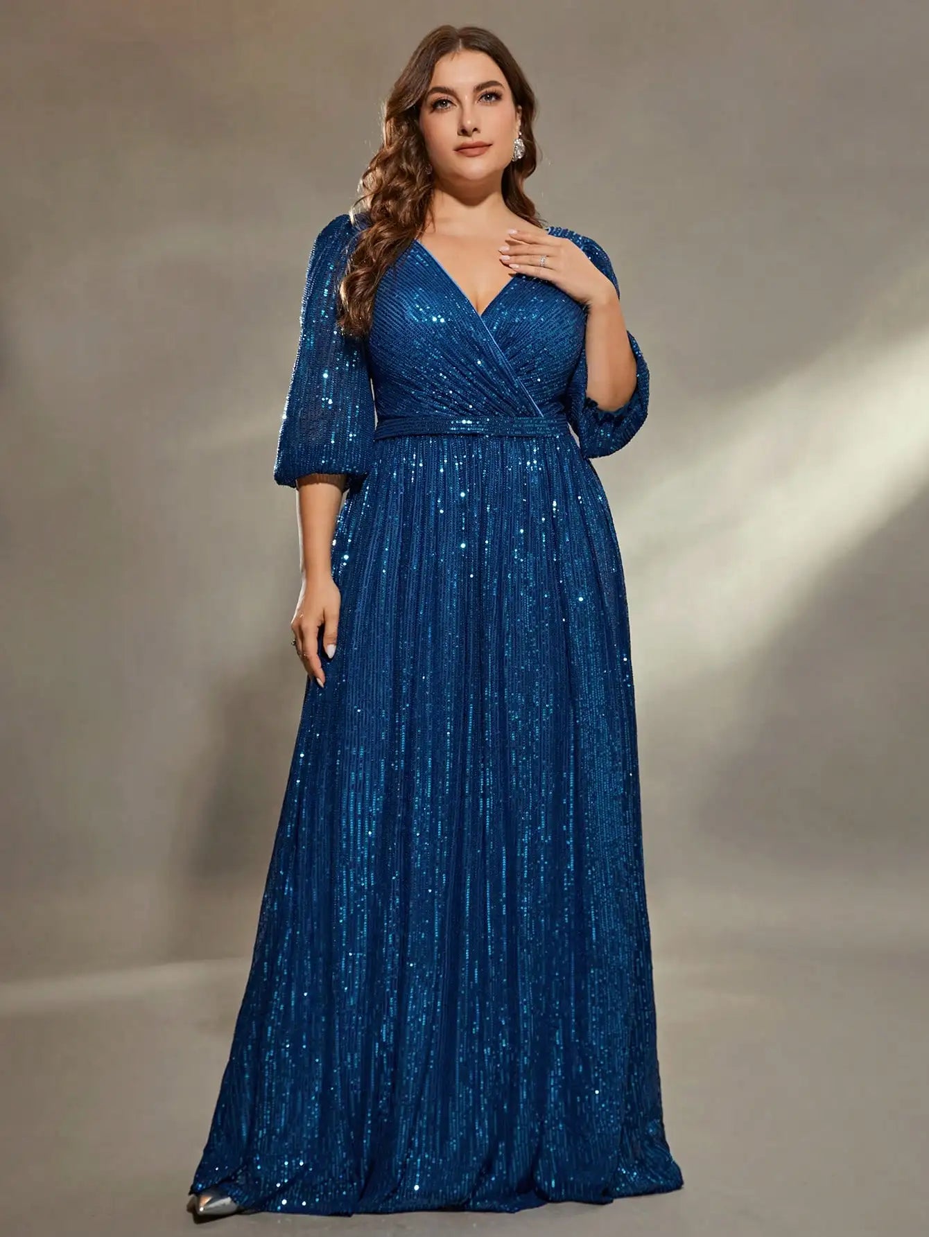 Plus size mid sleeve A-frame sequins Evening gown