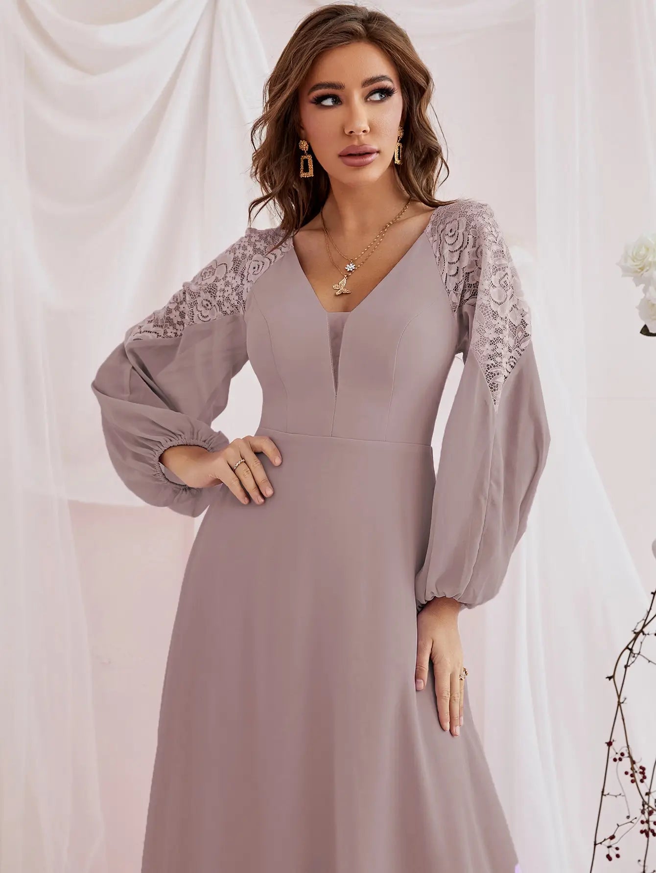 Long lantern sleeve chiffon lace patchwork dress