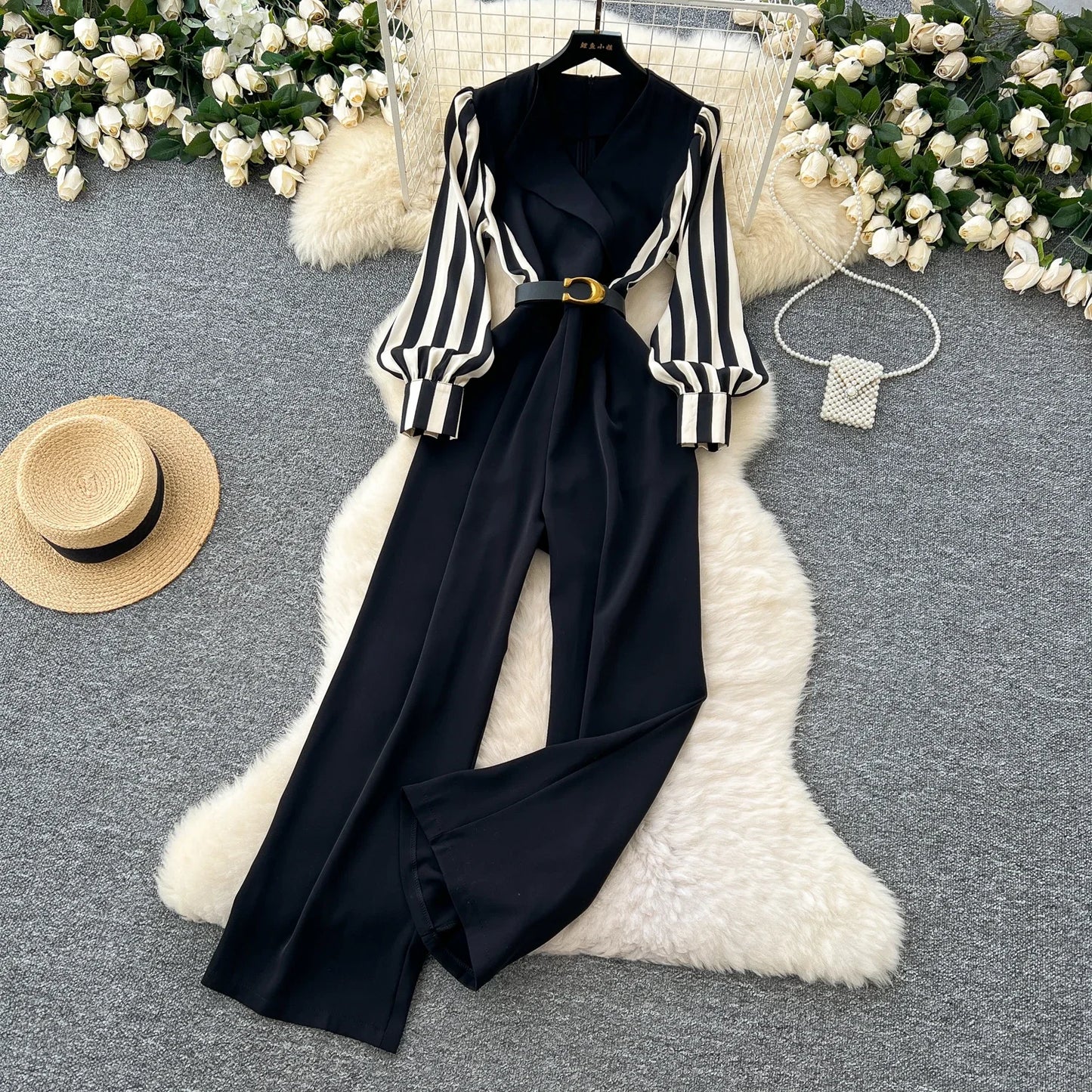 Vintage V-neck Long Lantern Sleeve Slim Sashes Patchwork Jumpsuit