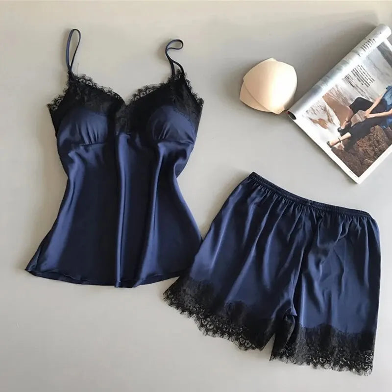 V-Neck Stretch Satin Baby doll Lace Shorts Set