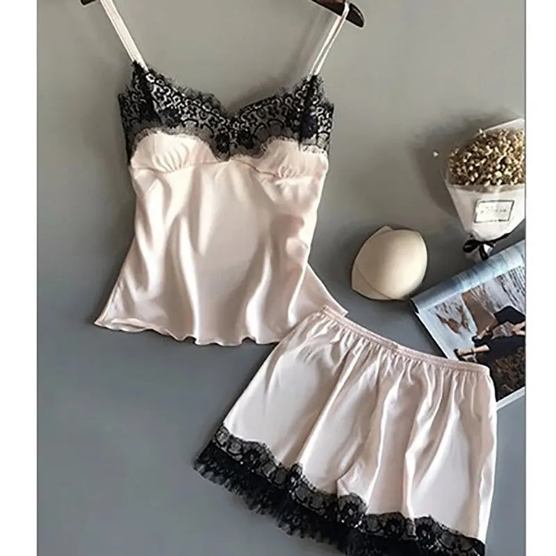 V-Neck Stretch Satin Baby doll Lace Shorts Set