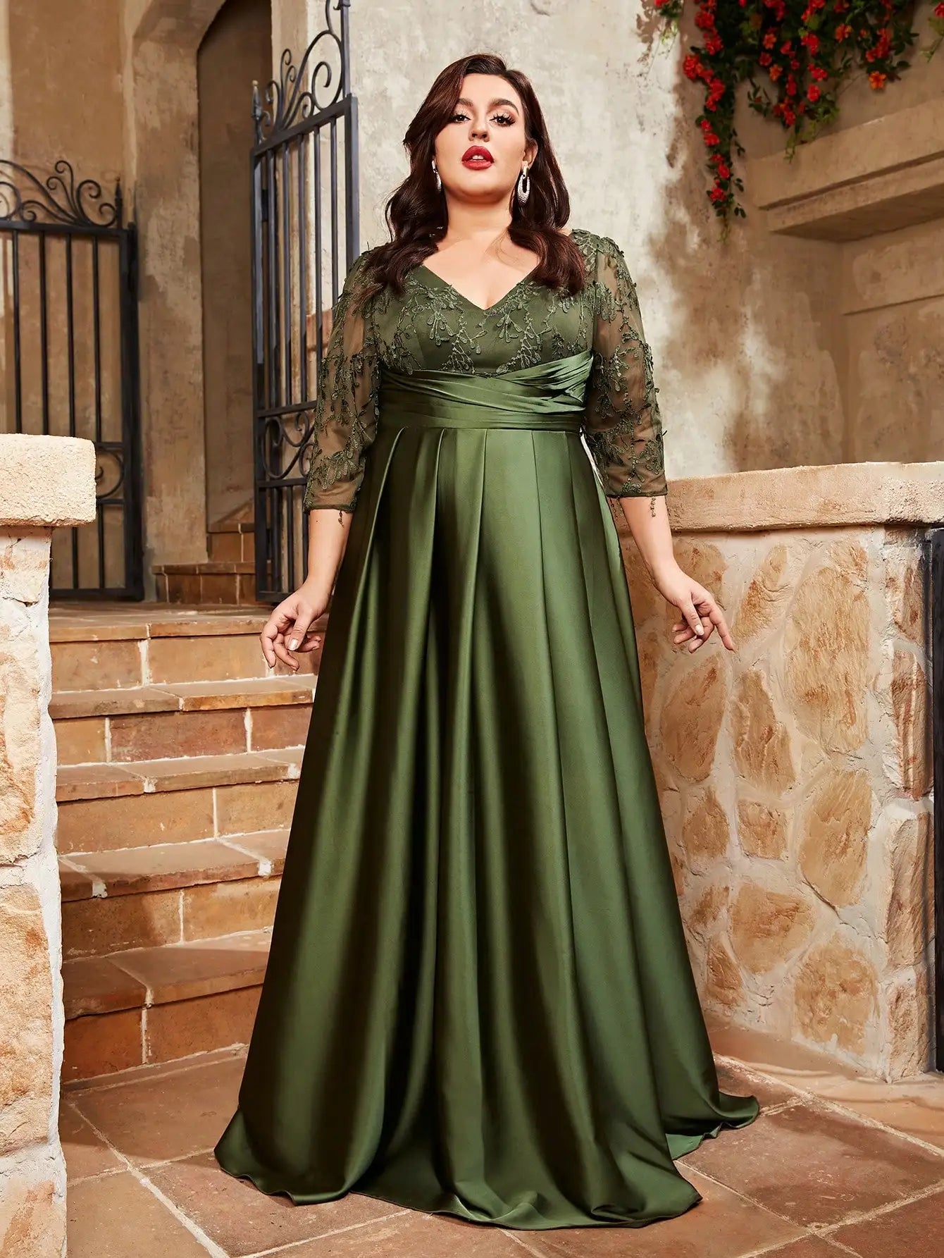 Plus size lace embroidery Mosaic satin Evening gown