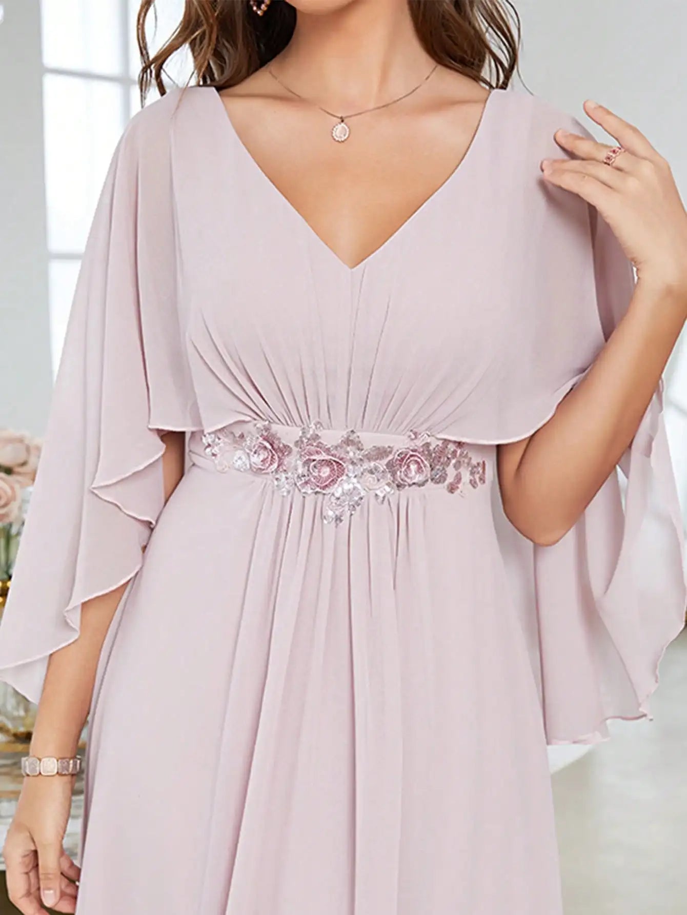 Flared sleeve sequin machine embroidered applique dress