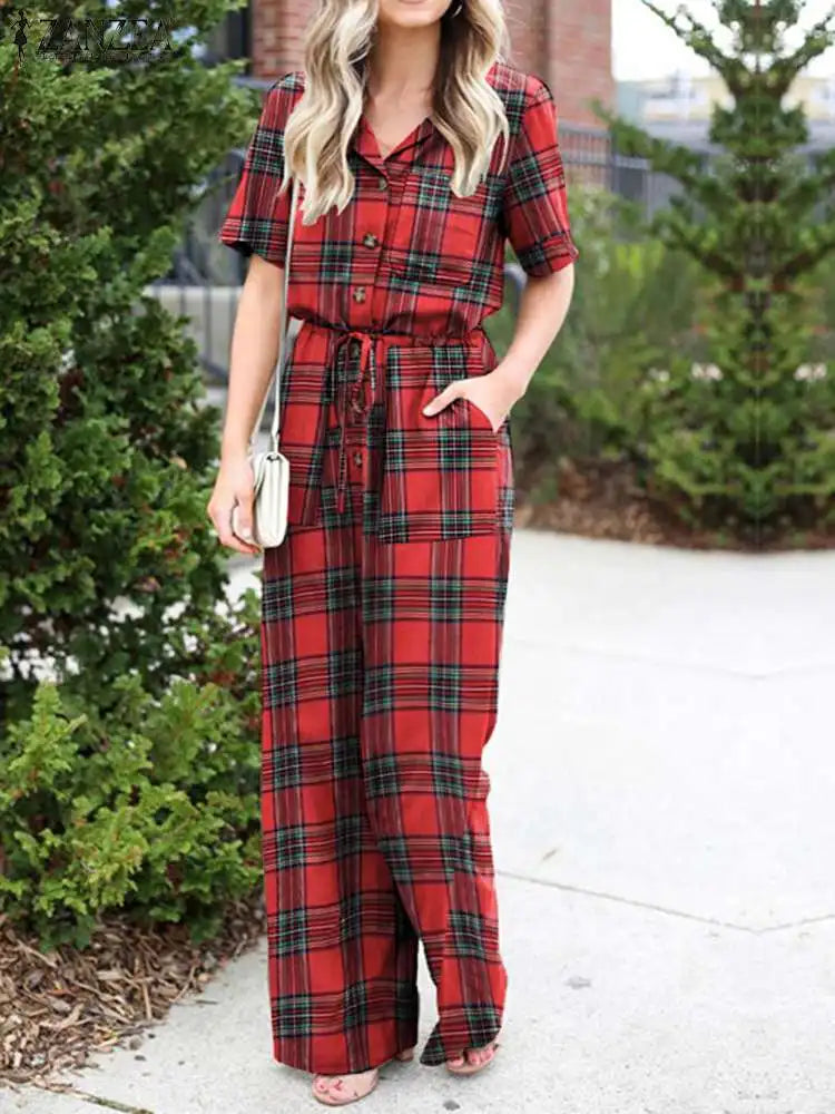 Lapel Neck Short Sleeve Long Jumpsuit