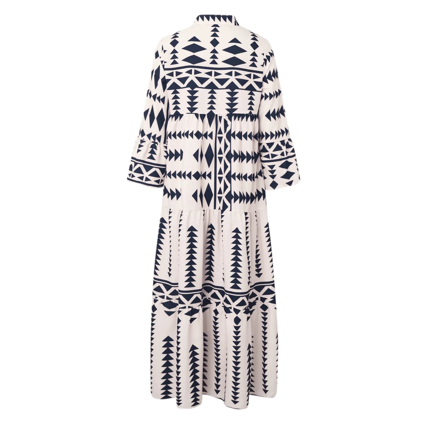 Long Sleeve Pleated Boho Print Shirt Dress