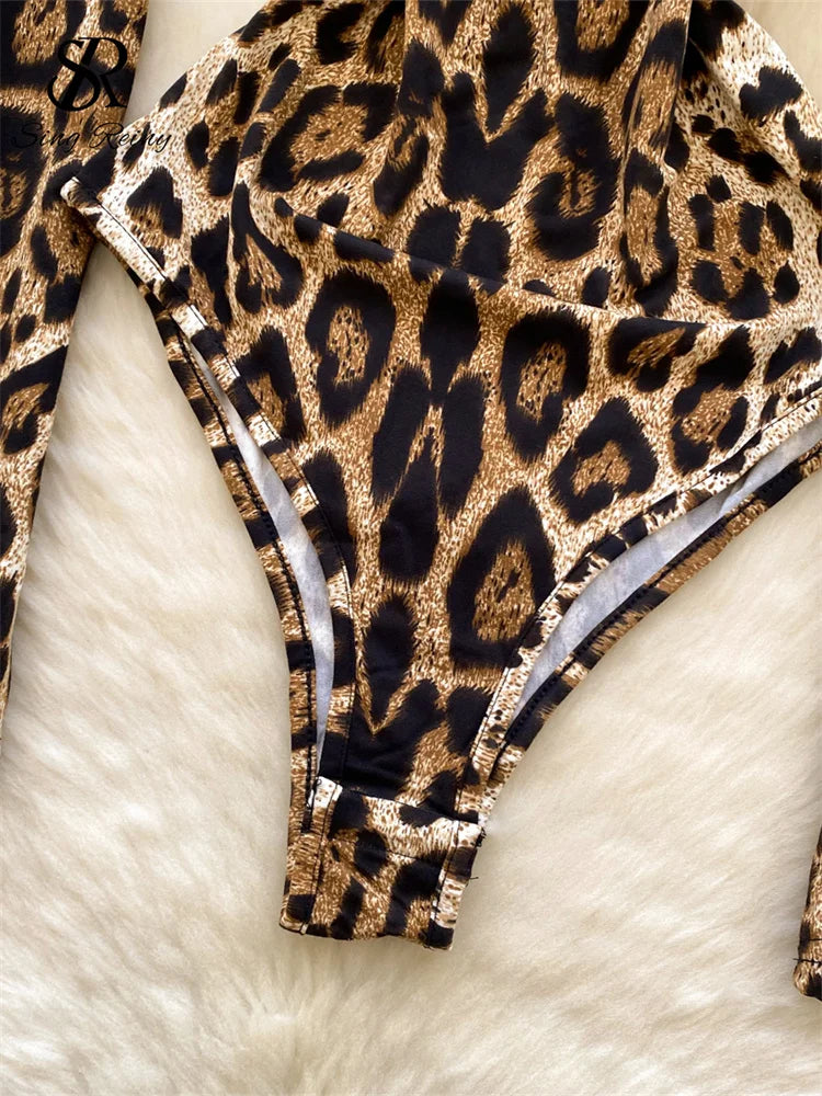 Turtleneck Long Sleeves Leopard Print Chic Design Bodysuits