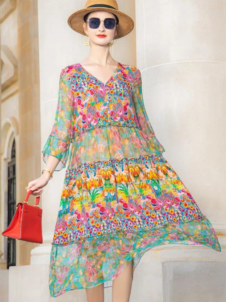 Beach Boho Vintage Print Chiffon V Neck Dress