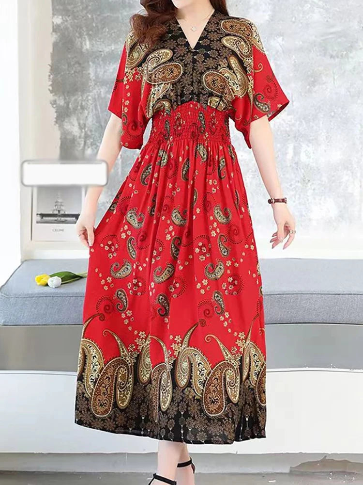 Colorful Flower V-neck Elastic Youthful Bohemian Dress
