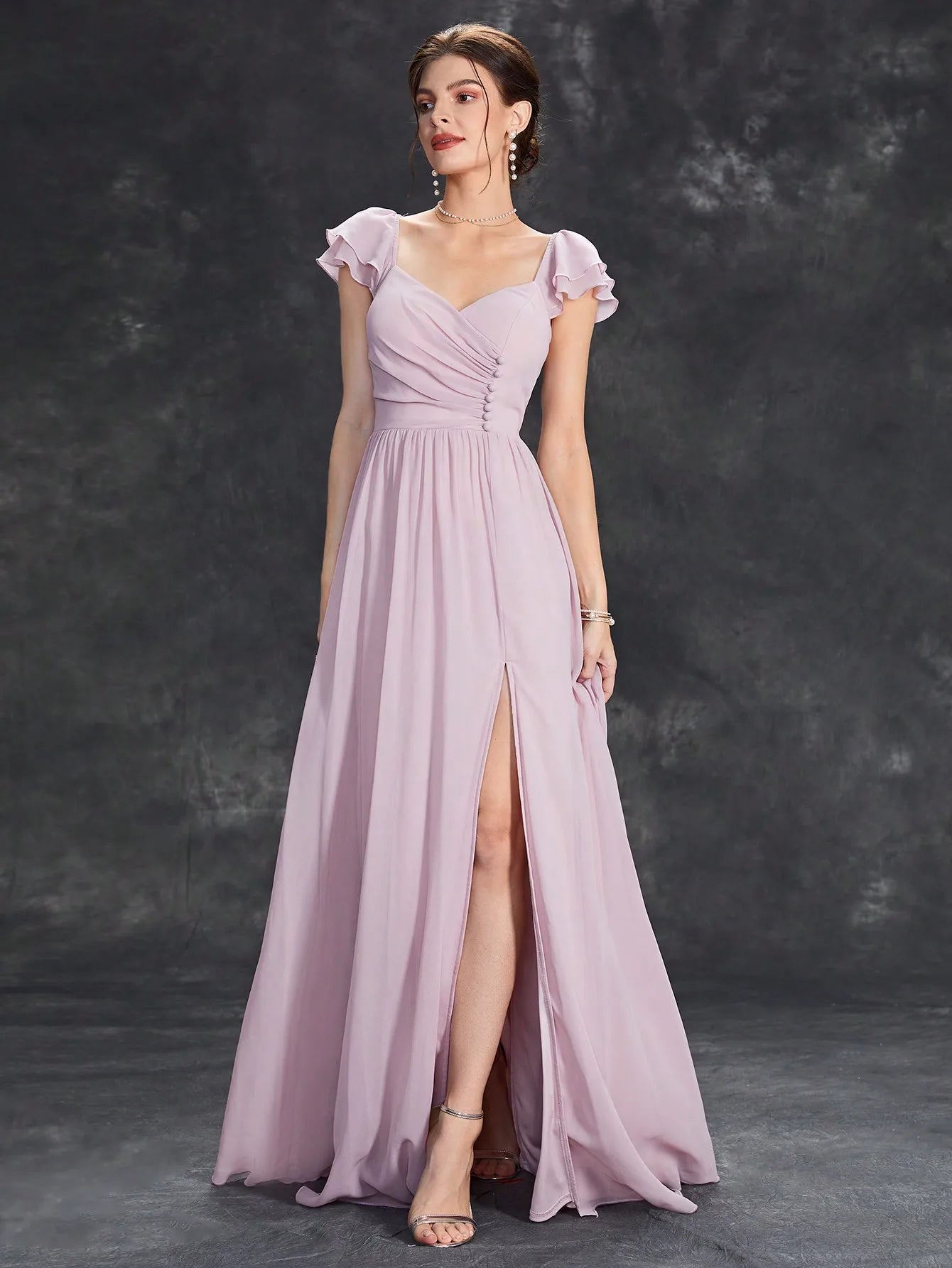 Horseshoe collar ruffled sleeves clasp open evening dress