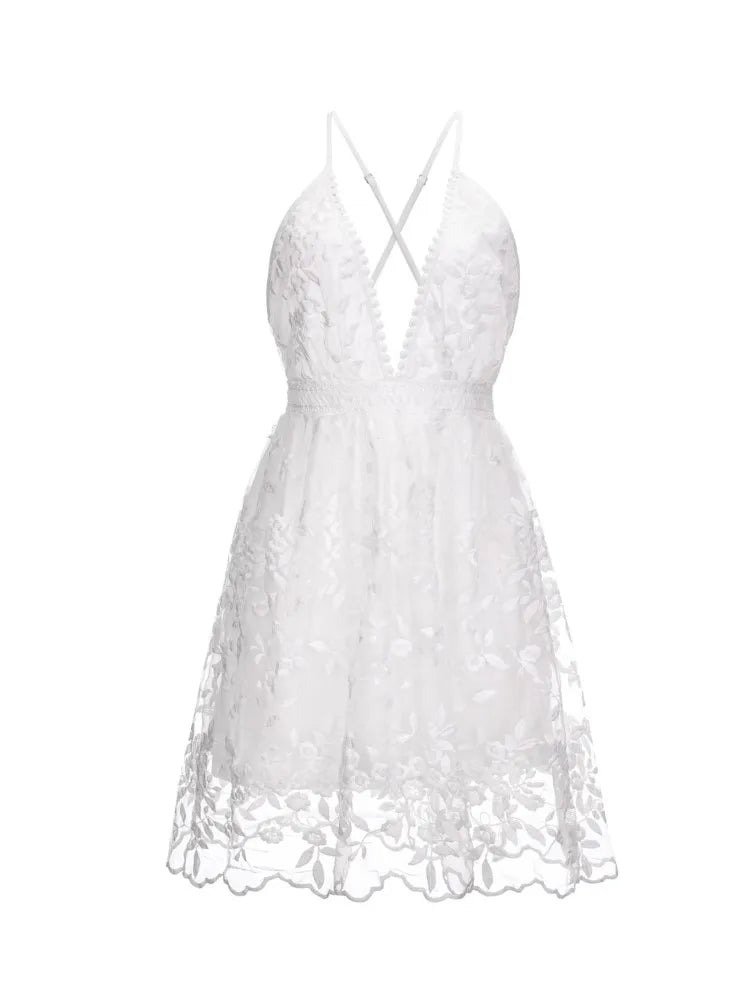 Spaghetti Strap White Embroidery Mesh Dress