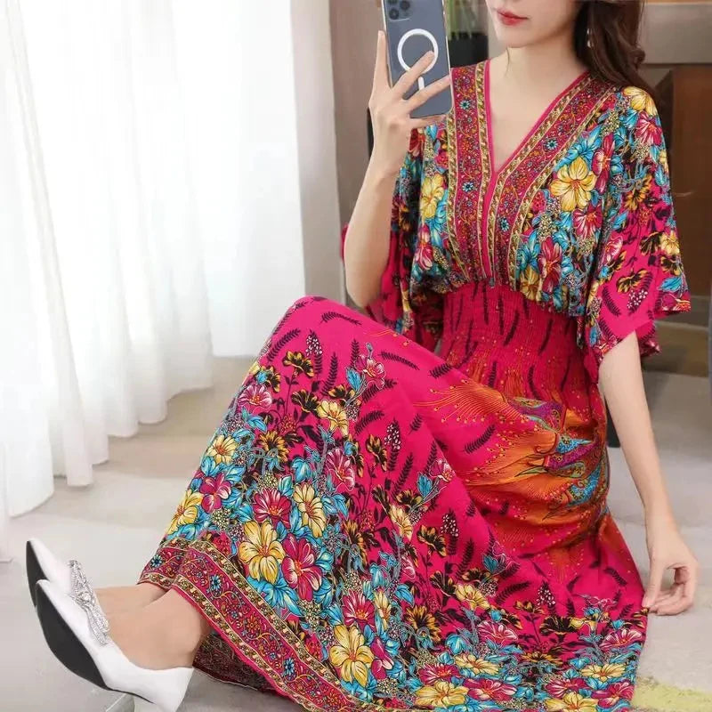 Print Batwing Sleeve Elastic High Waist Dress