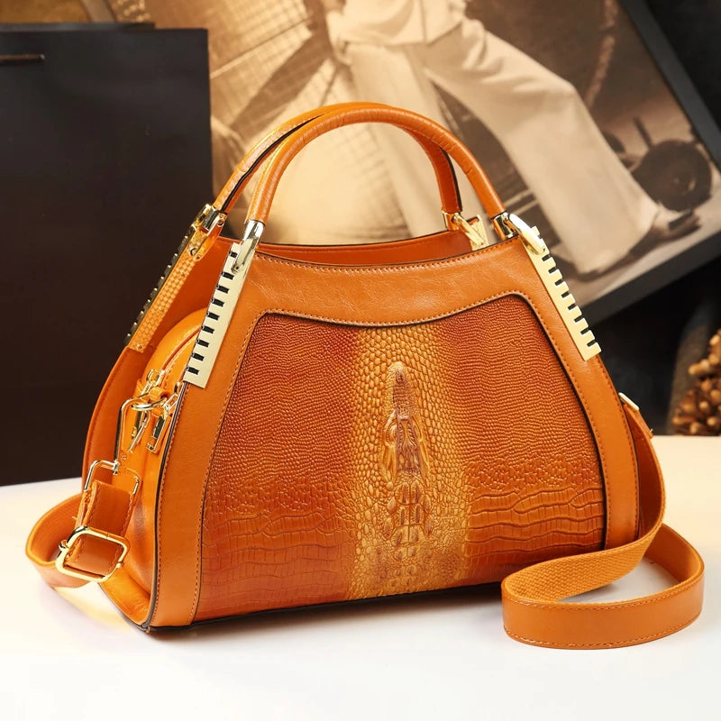 Genuine leather crocodile pattern multi-layer large bag