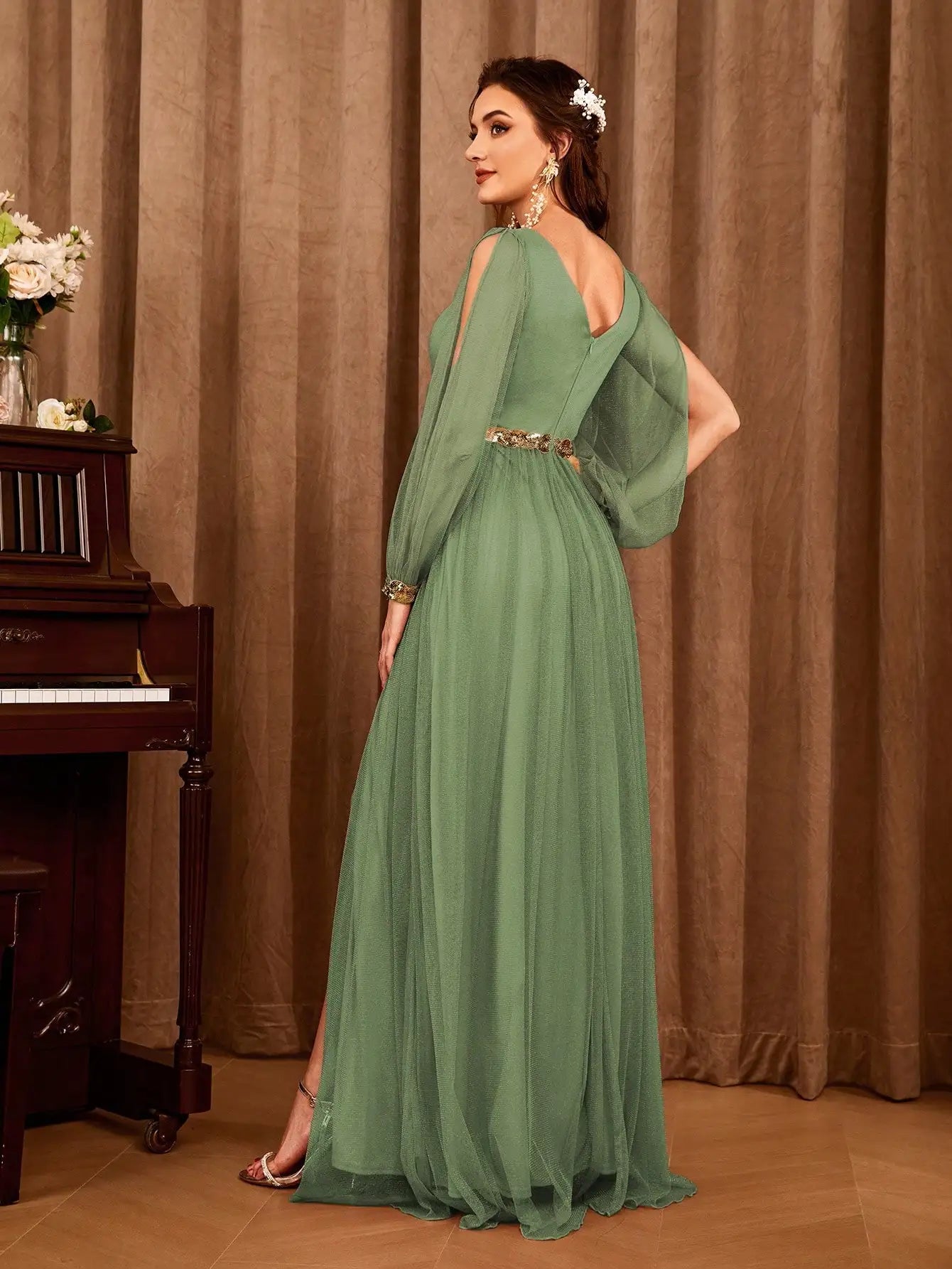 V-neck gauze applique slit elegant Evening gown