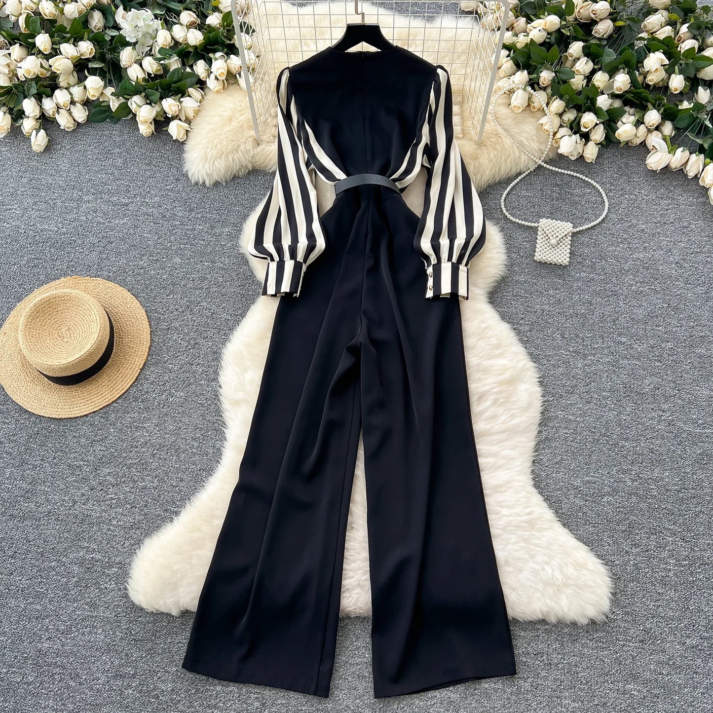 Vintage V-neck Long Lantern Sleeve Slim Sashes Patchwork Jumpsuit