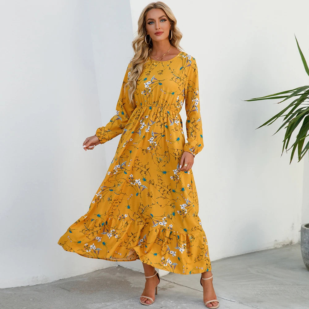 Bohemian Women Maxi Long Sleeve High Waist Beach Dress