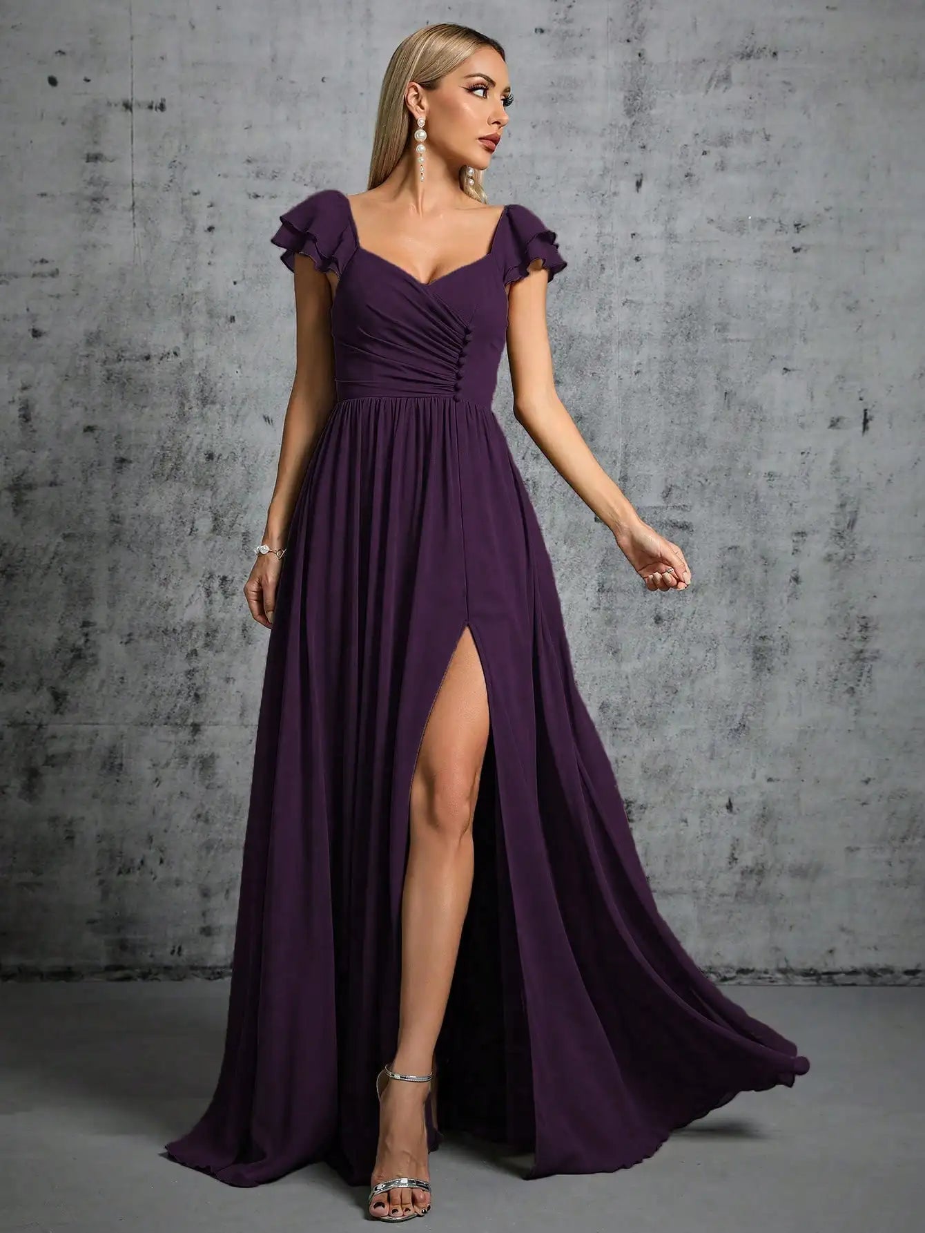 Horseshoe collar ruffled sleeves clasp open evening dress