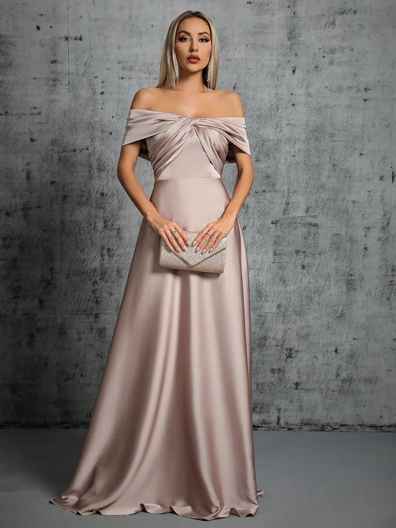 Line neck irregular cross pleated satin gown
