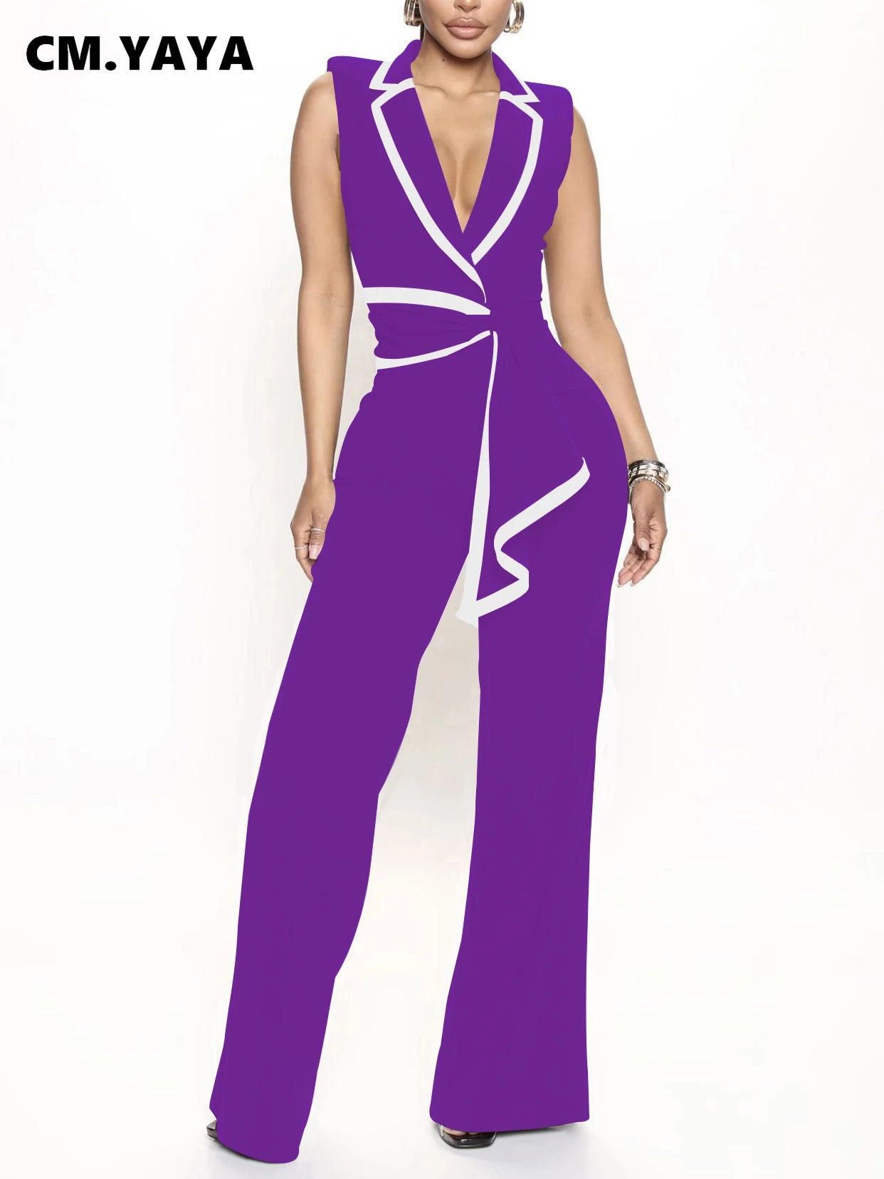 Striped Splicing Notched Collar Wide Leg Jumpsuits