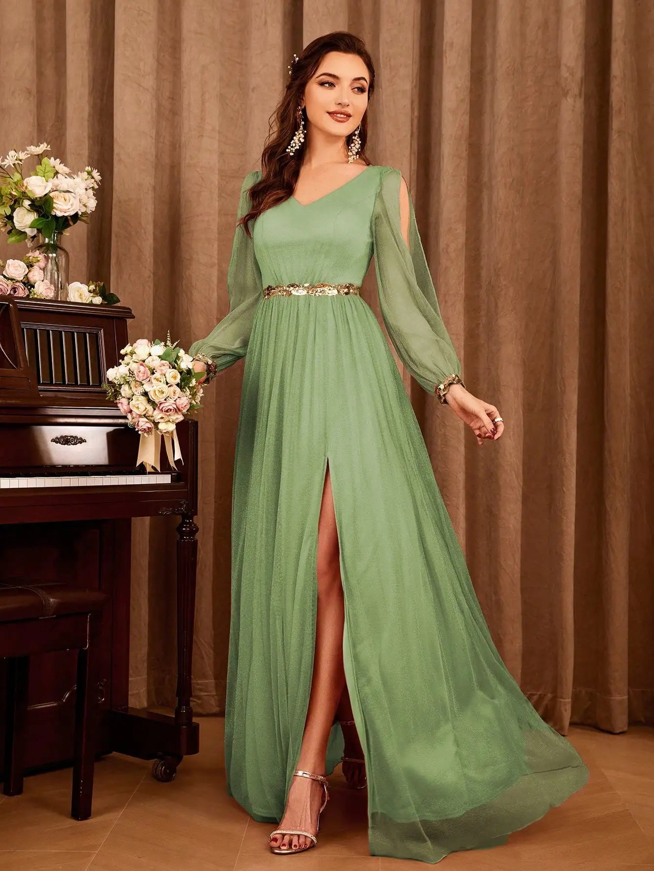 V-neck gauze applique slit elegant Evening gown