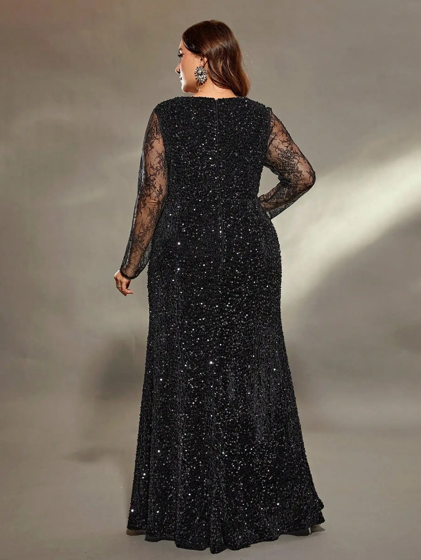 Plus size  Queen neckline slim sequin slit fishtail Dress