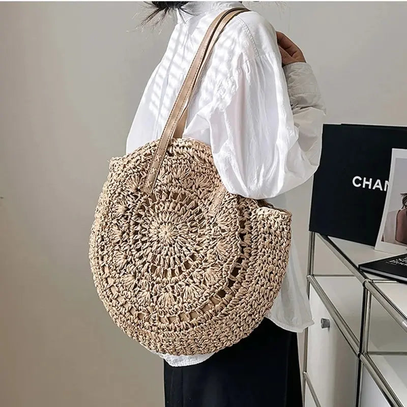 Round Straw Women Vacation Woven Beach Shoulder Bag