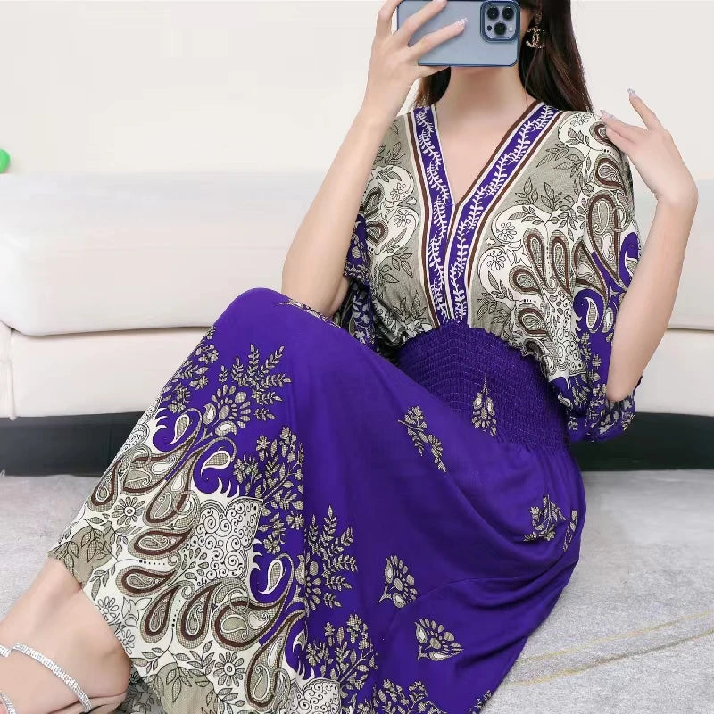 Print Batwing Sleeve Elastic High Waist Dress