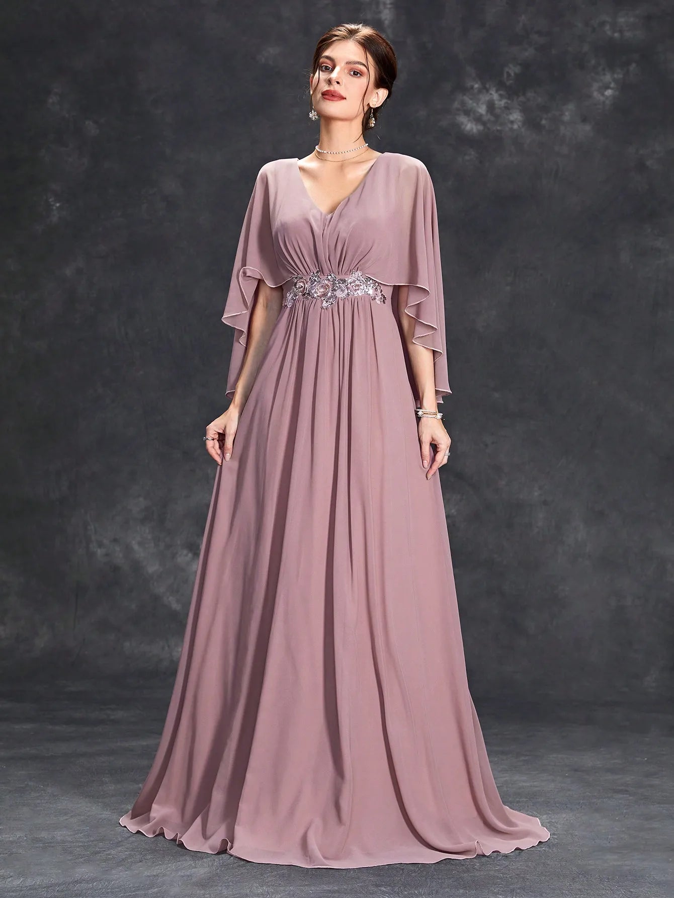 Flared sleeve sequin machine embroidered applique dress