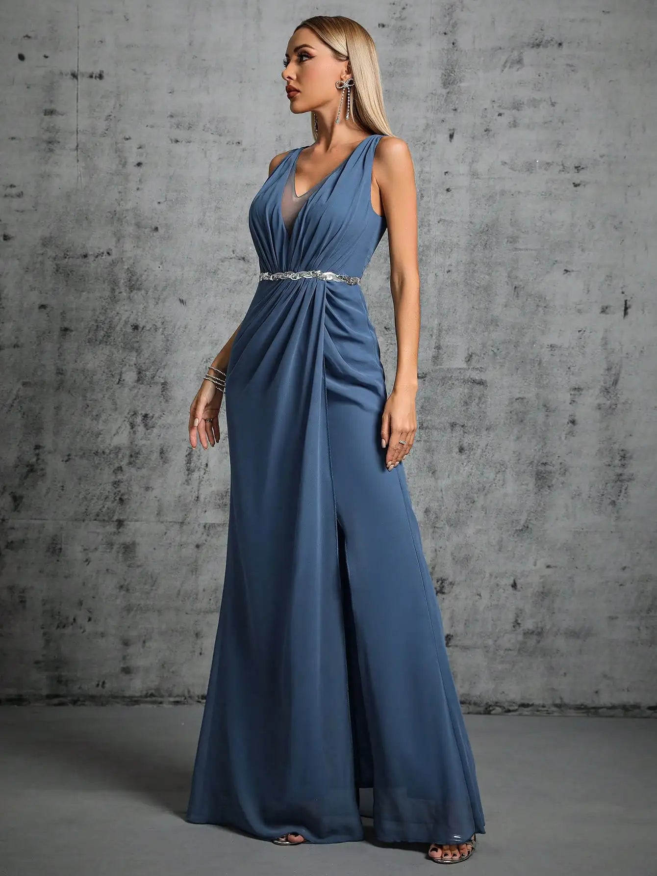 Shoulder deep V-neck silver sequin Evening gown