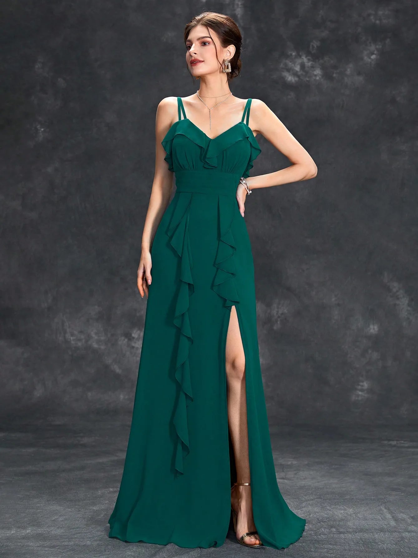 V-neck ruffled waist Evening gown