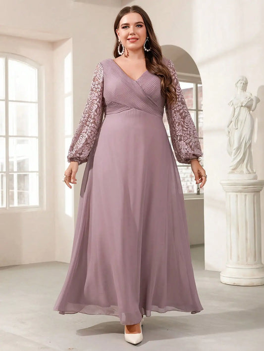 Plus-size patchwork cross lantern sleeve chiffon evening dress