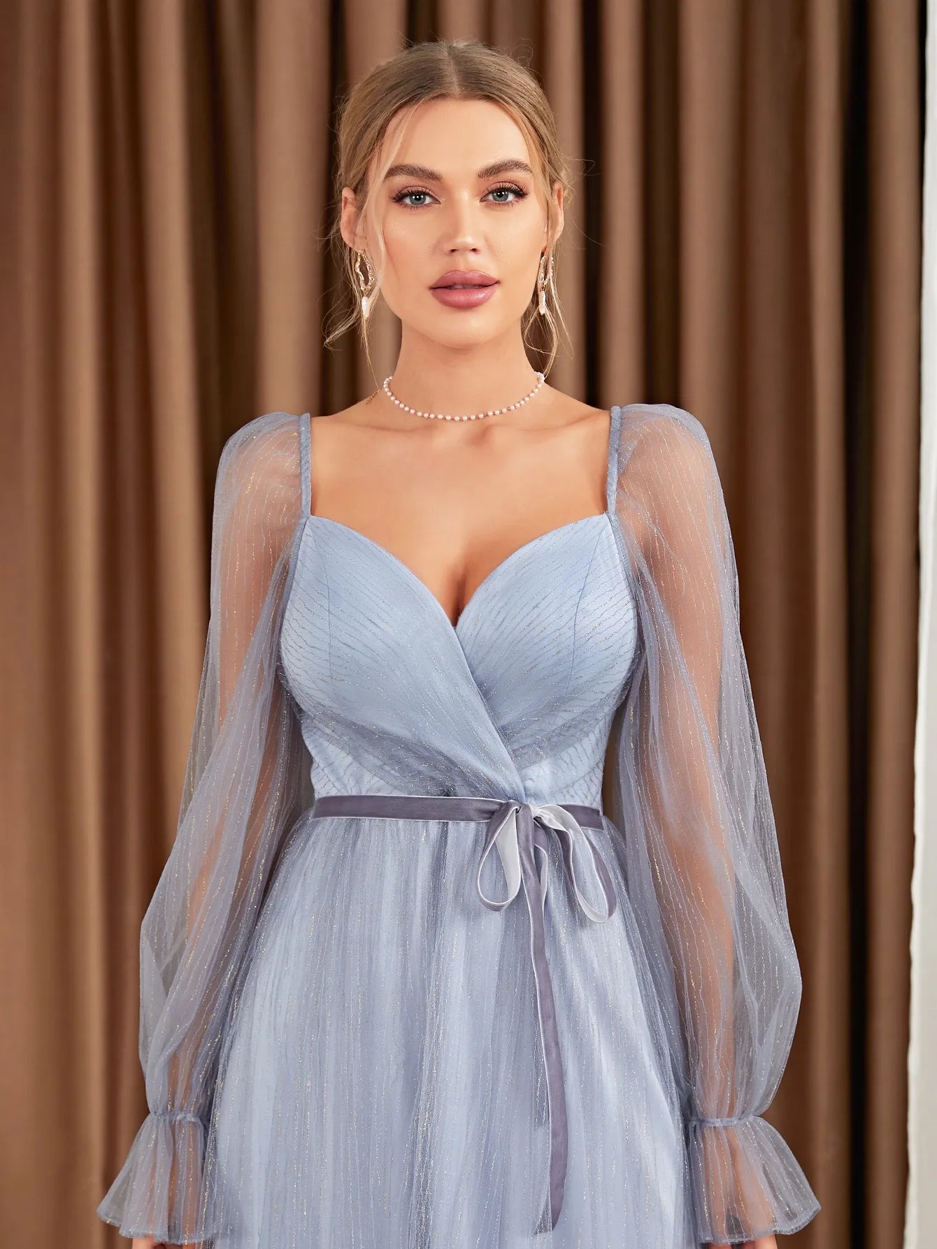Long sleeve mesh belt Dress Evening gown