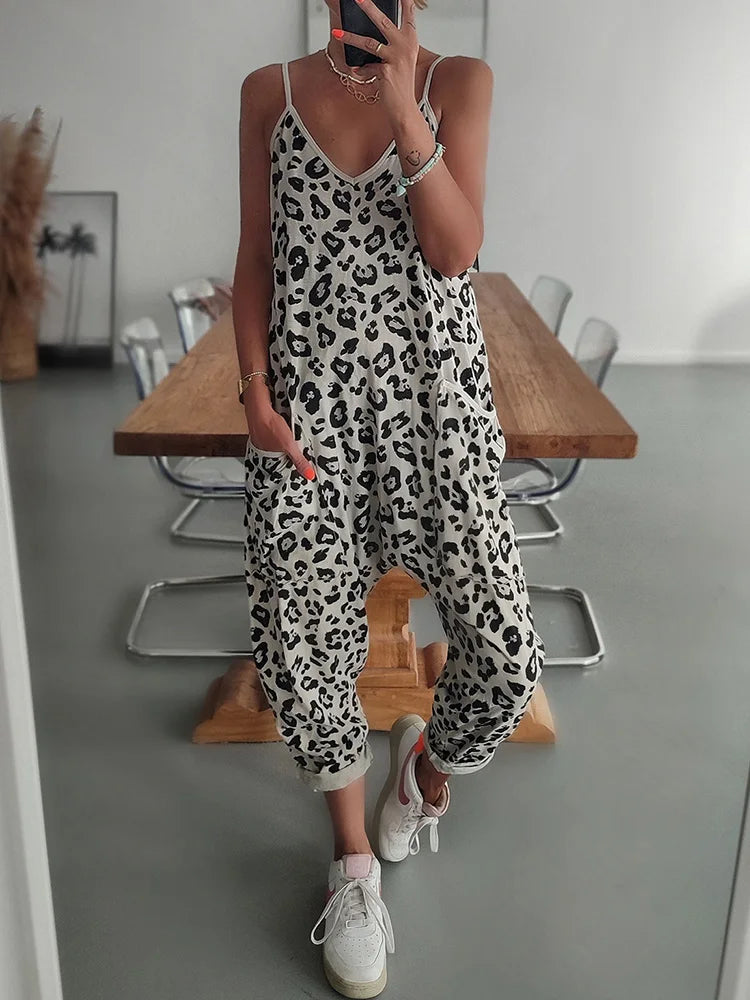 V-Neck Sling Leopard Print Jumpsuit