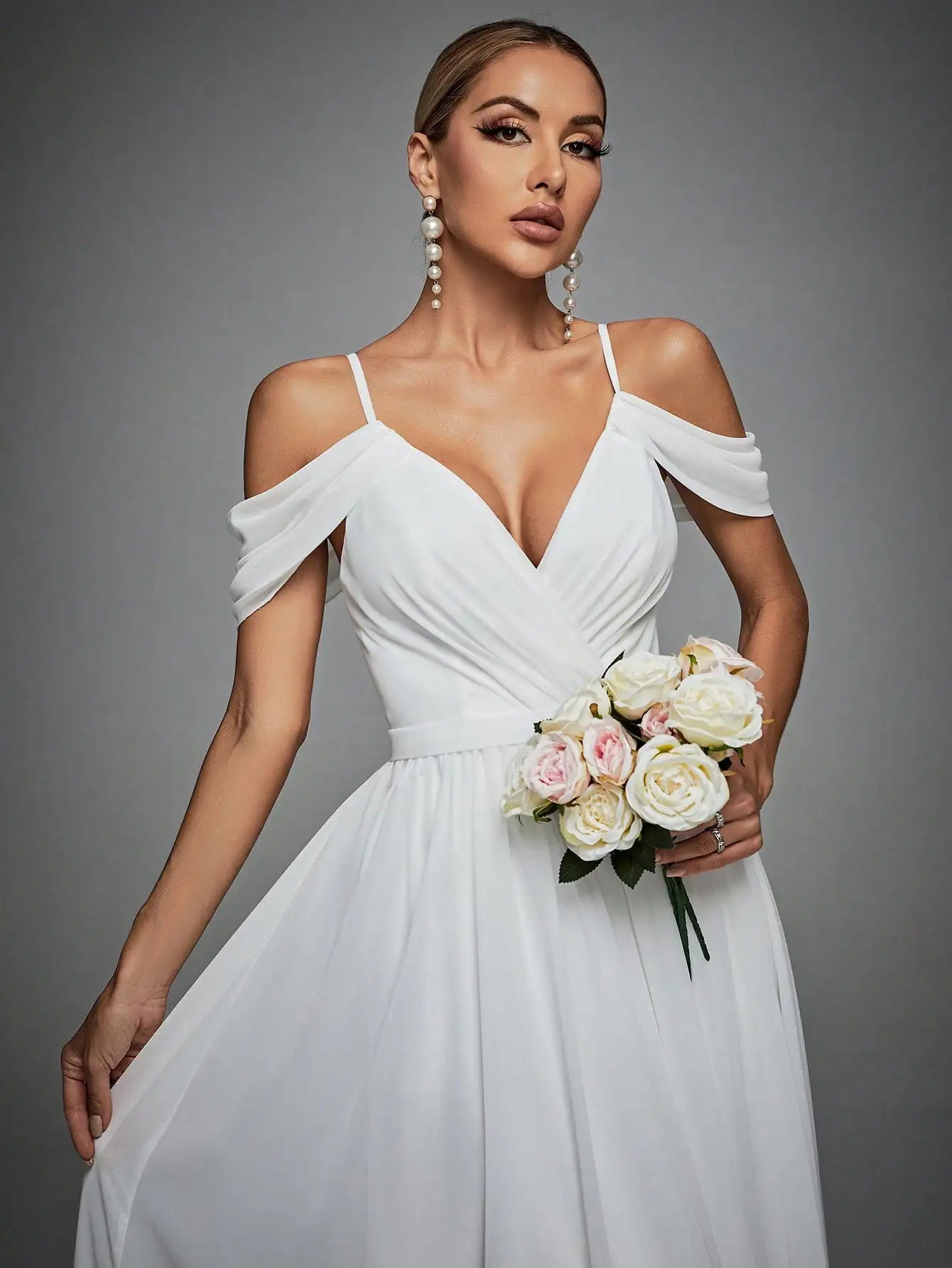 Cross Drop sleeves chiffon full swing Evening gown