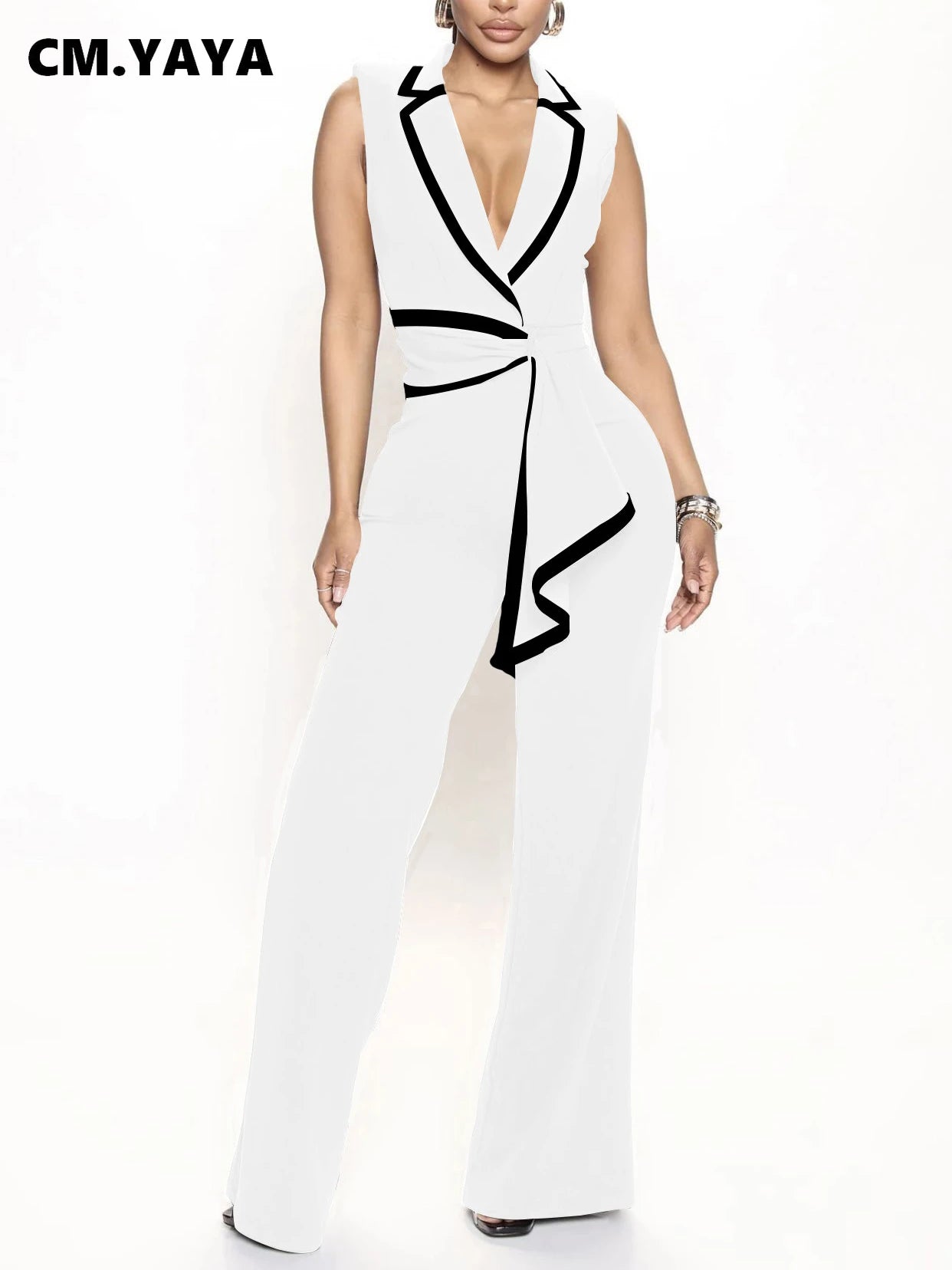 Striped Splicing Notched Collar Wide Leg Jumpsuits