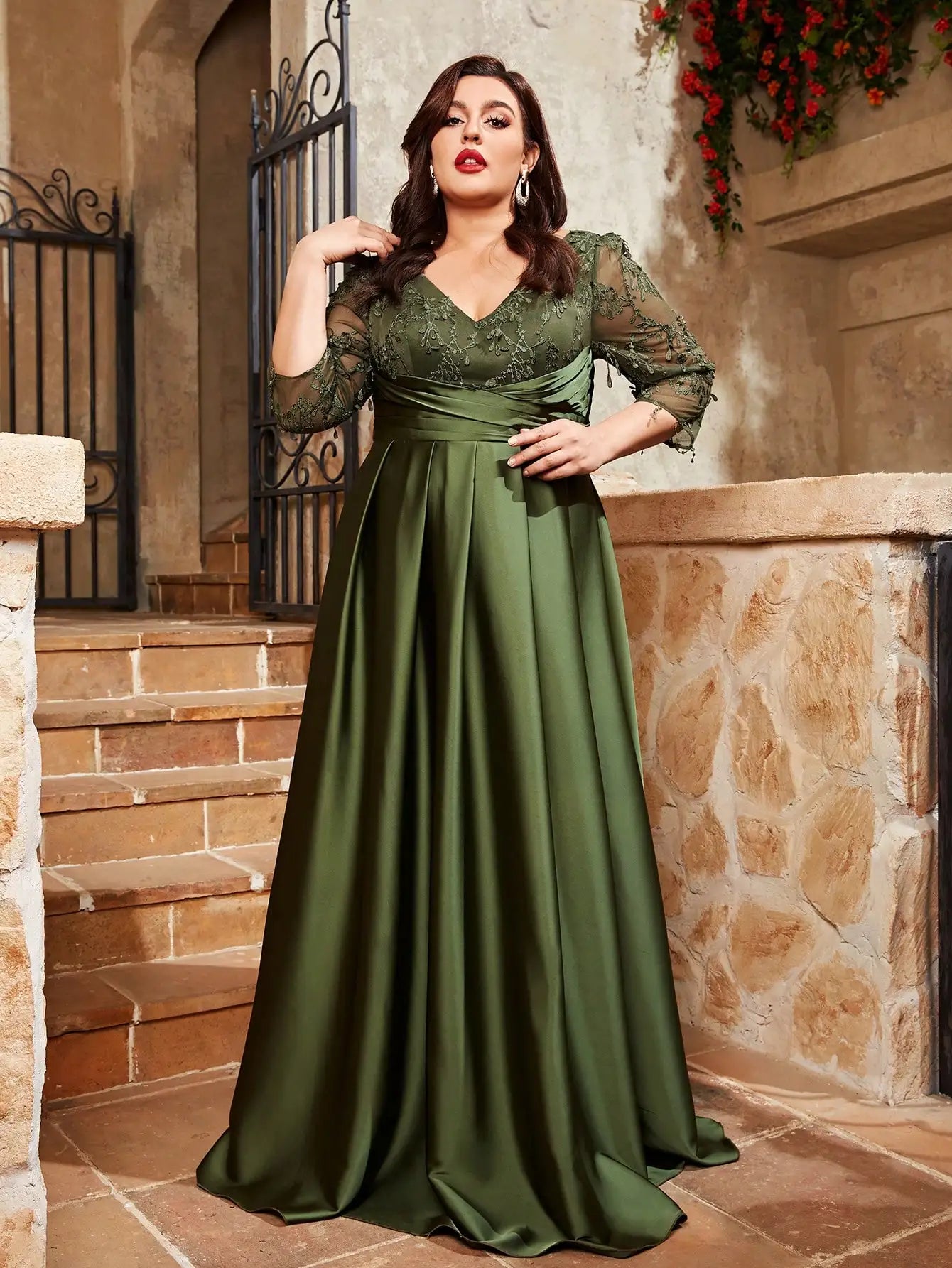 Plus size lace embroidery Mosaic satin Evening gown
