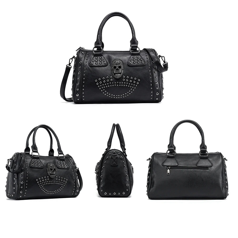 Luxury Pu Leather Boston Black Skull Handbag