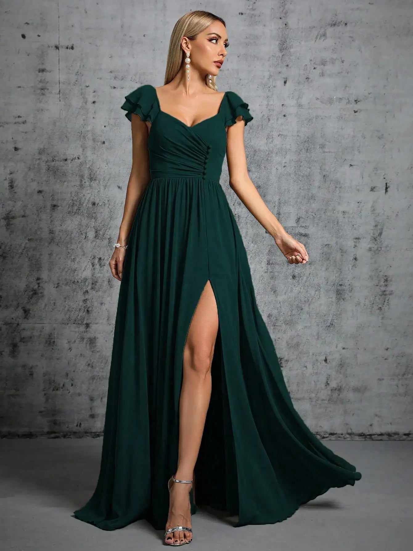 Horseshoe collar ruffled sleeves clasp open evening dress