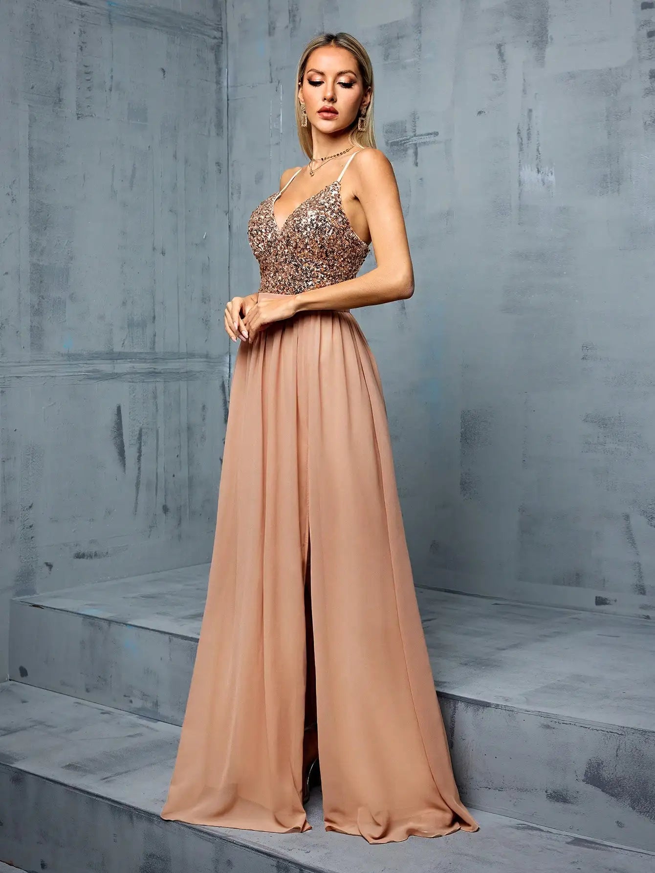 Deep V Sequin chiffon split Prom dress