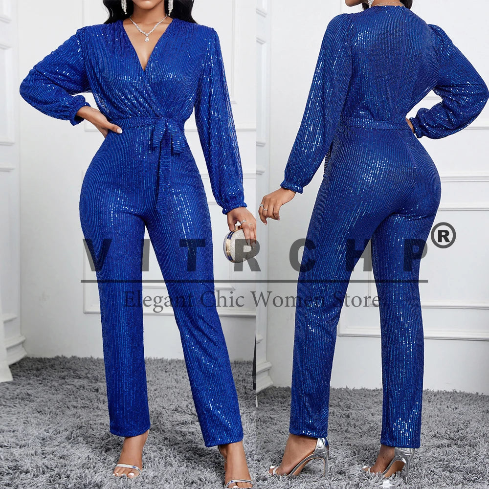 Pleated Slim High Waist Sequins Partywear Jumpsuits