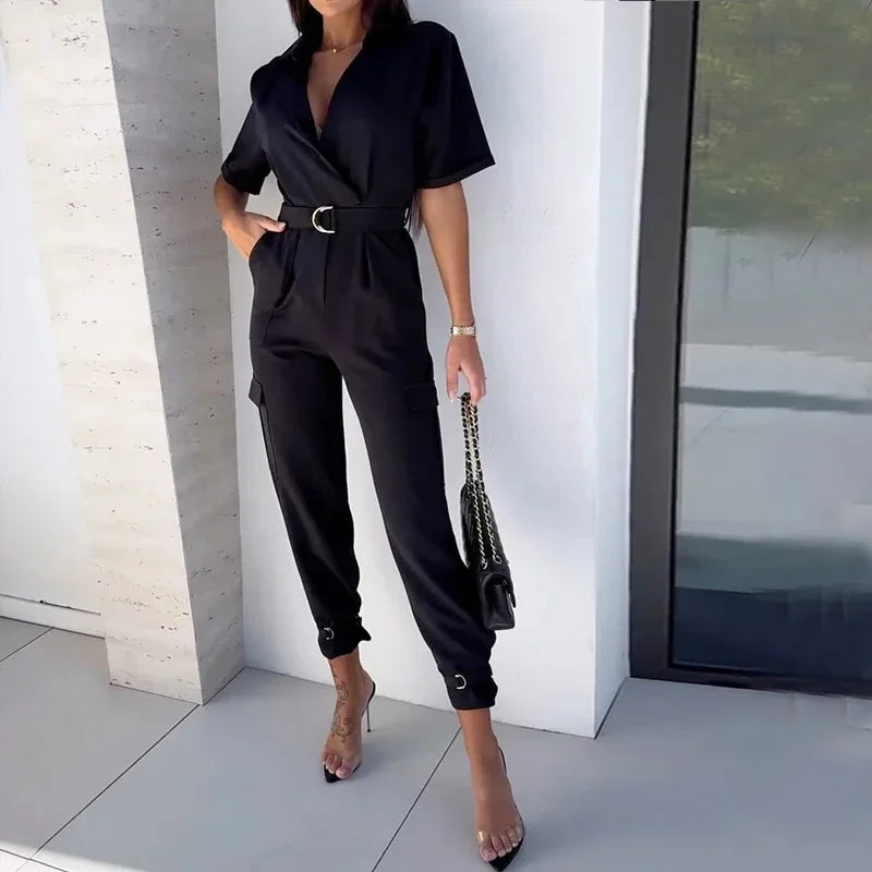 Short Sleeve Lapel With Belt and Pockets Rompers