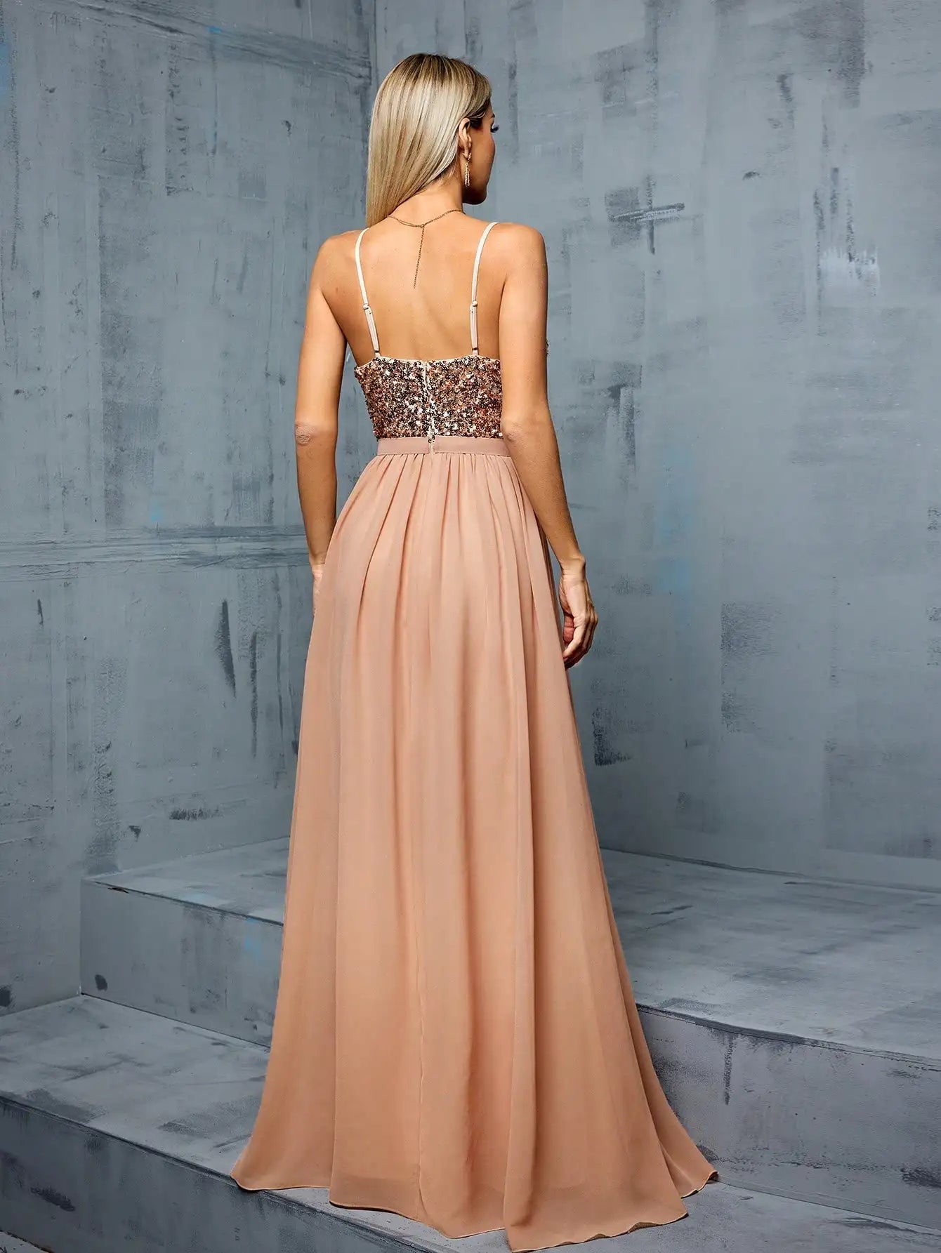 Deep V Sequin chiffon split Prom dress