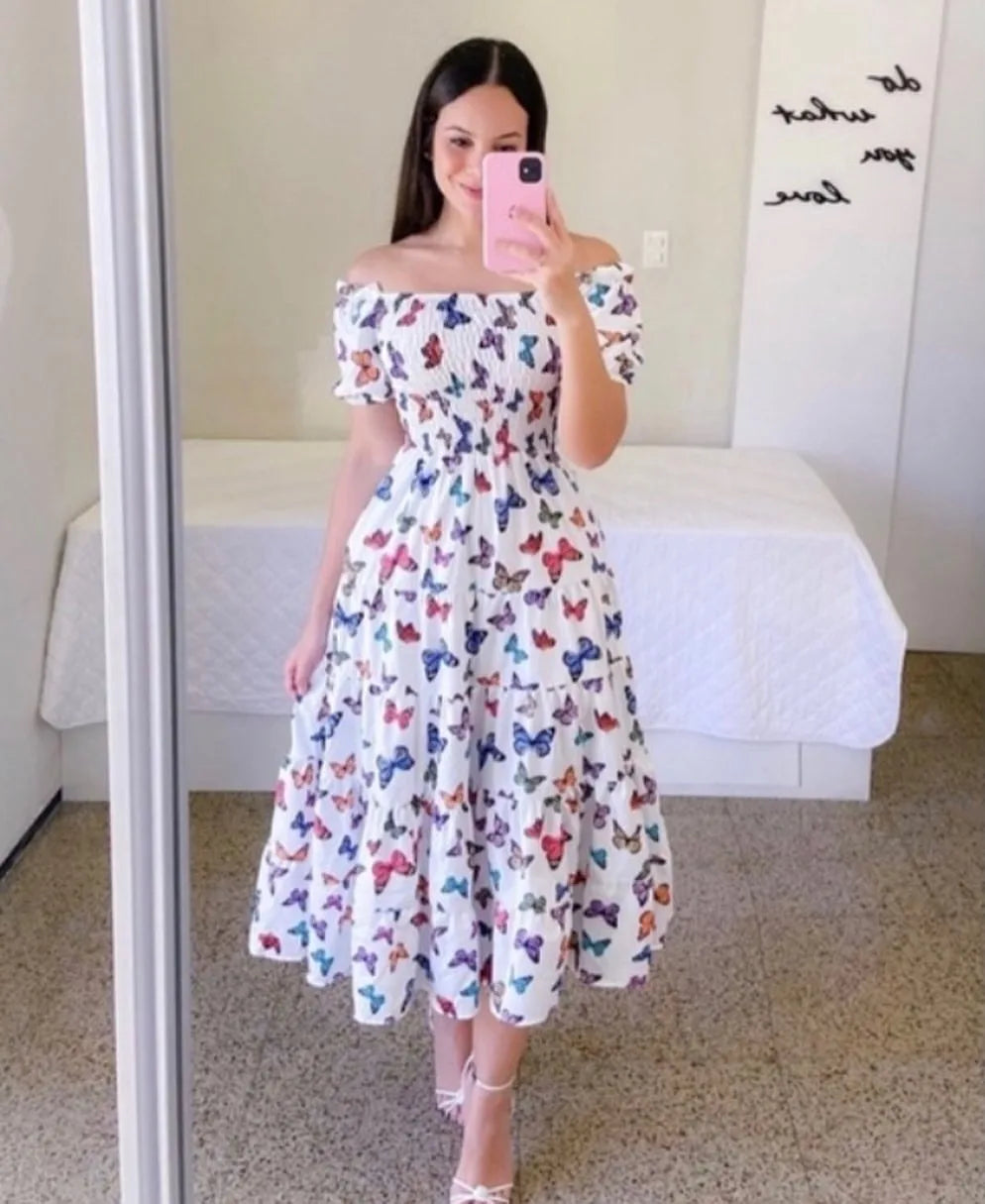 Off Shoulder Flower Print Midi Dress