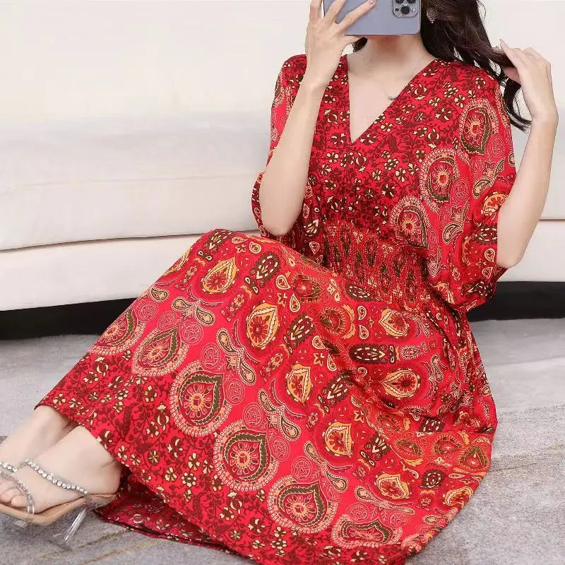 Colorful Flower V-neck Elastic Youthful Bohemian Dress