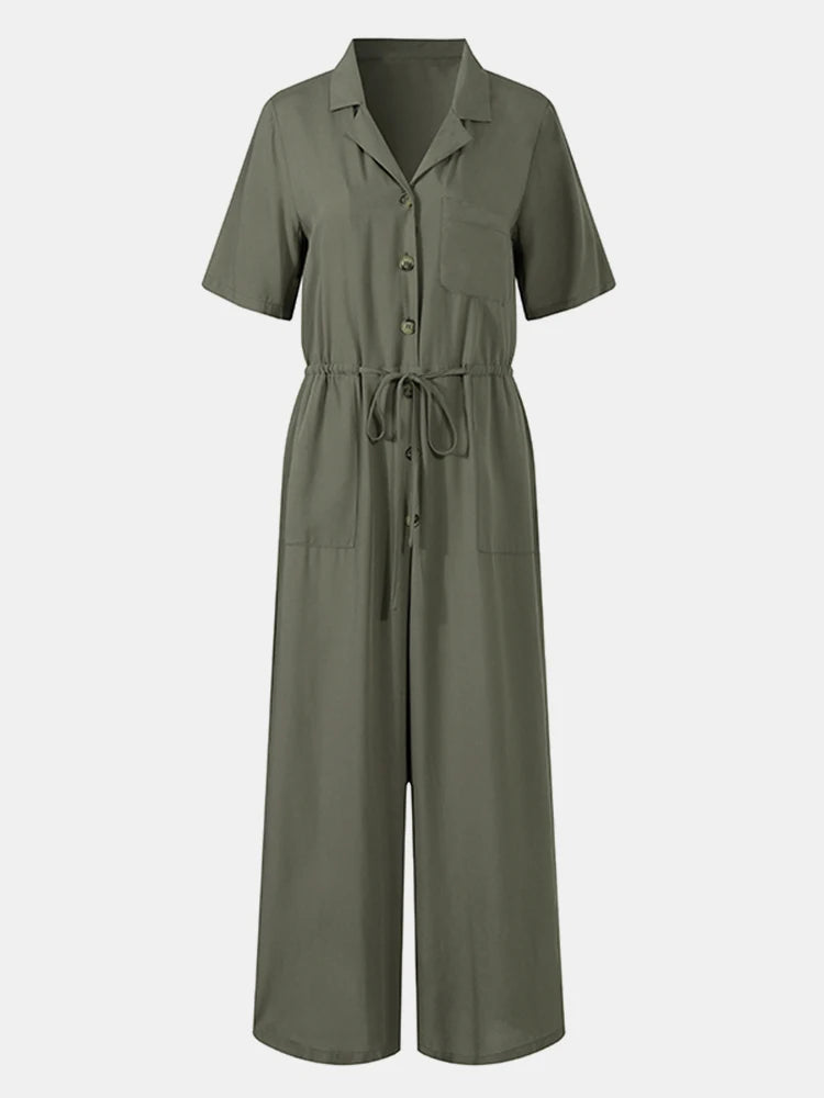 Lapel Neck Short Sleeve Long Jumpsuit
