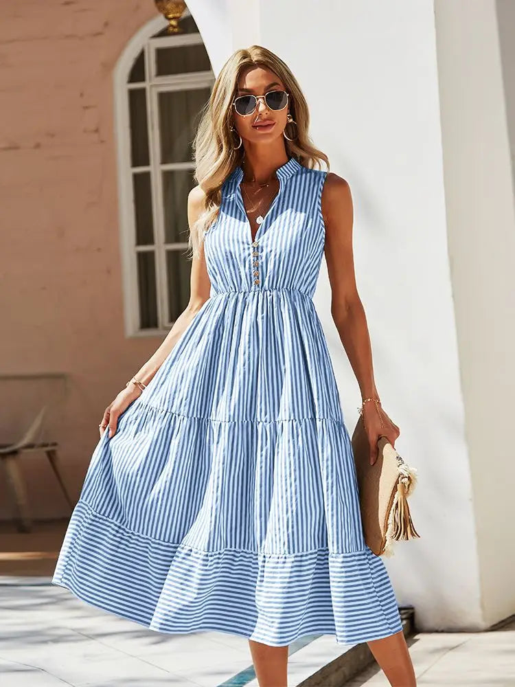 Vintage Boho Summer Striped Shirt Dress